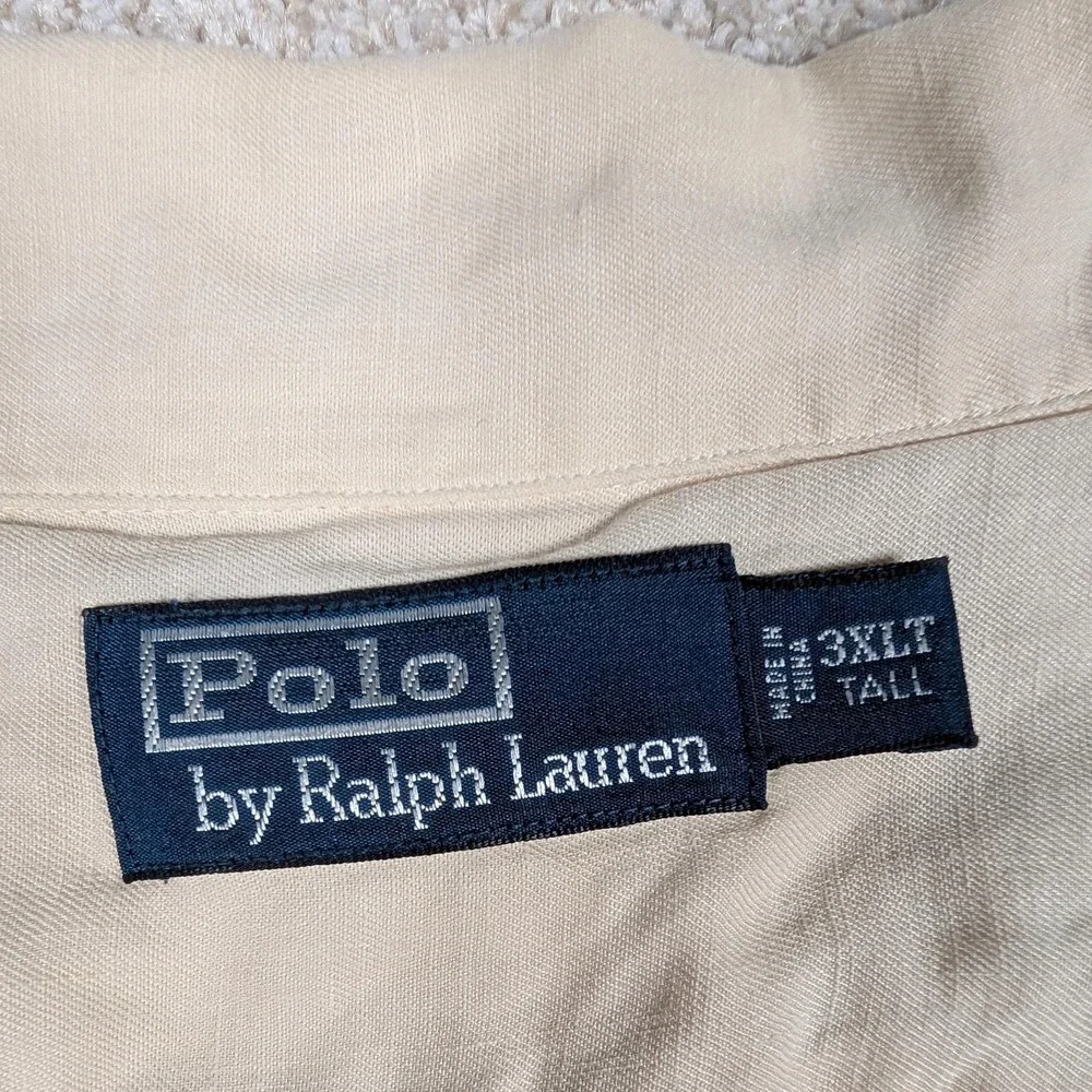 Polo Ralph Lauren Shirt Mens 3XLT Beige Solid SS Linen Silk Button Up Camp‎ Vtg